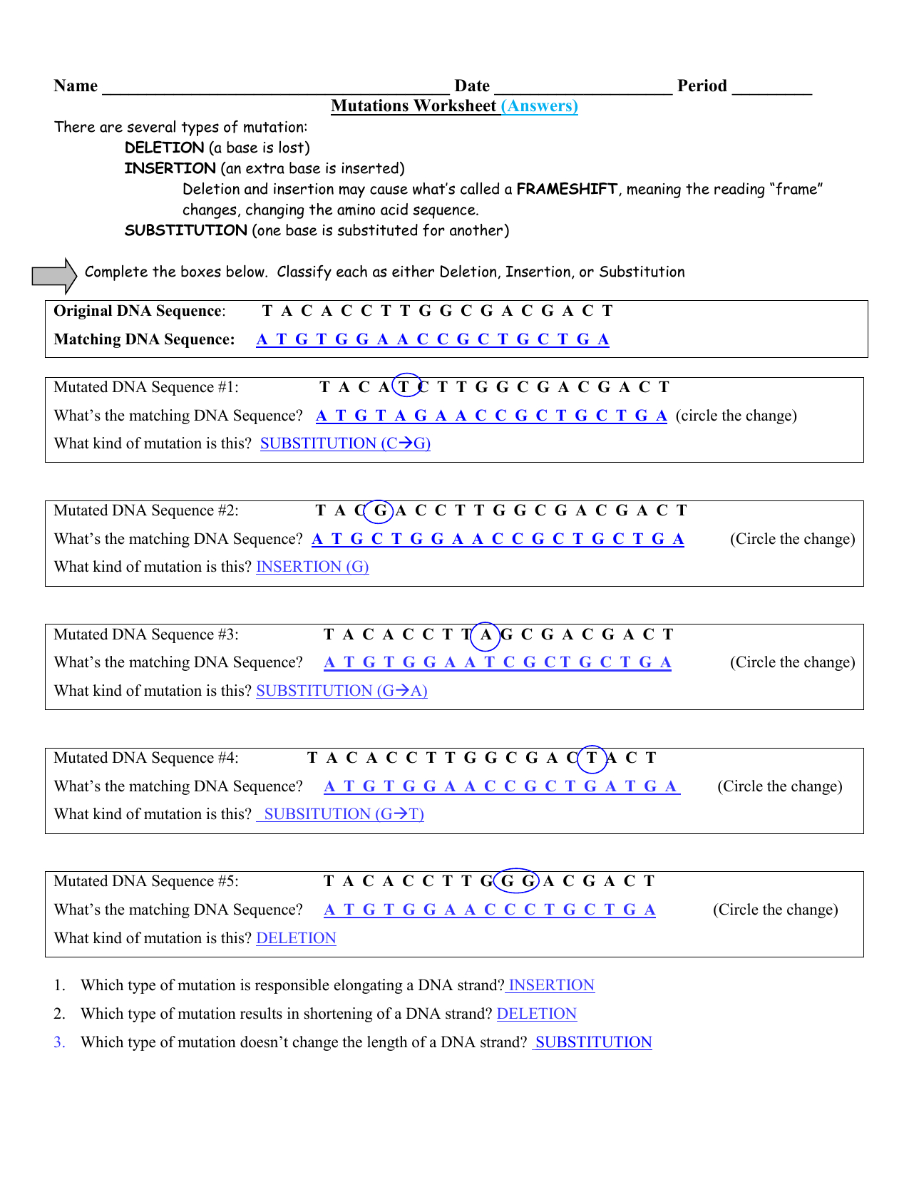 Mutation Answers  Guertinscience For Mutations Worksheet Deletion Insertion And Substitution