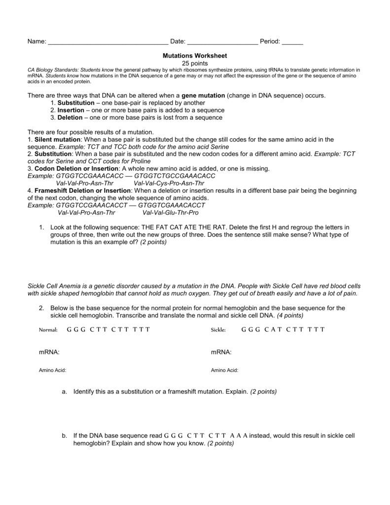Mutations Worksheet For Sickle Cell Anemia Worksheet