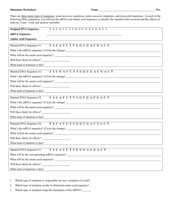 Mutations Worksheet inside Dna Mutations Practice Worksheet