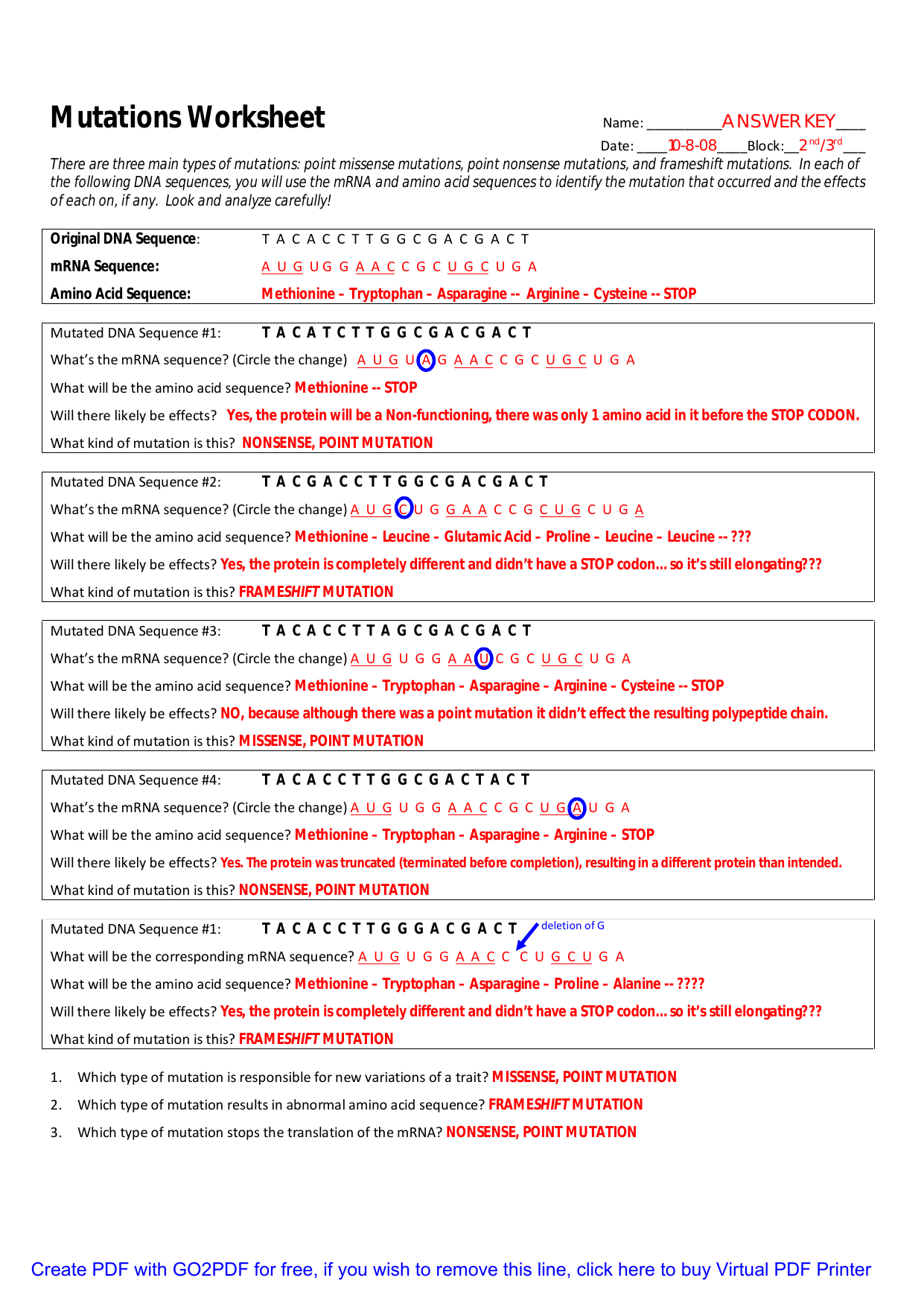 Mutations Worksheet Pertaining To Types Of Mutations Worksheet