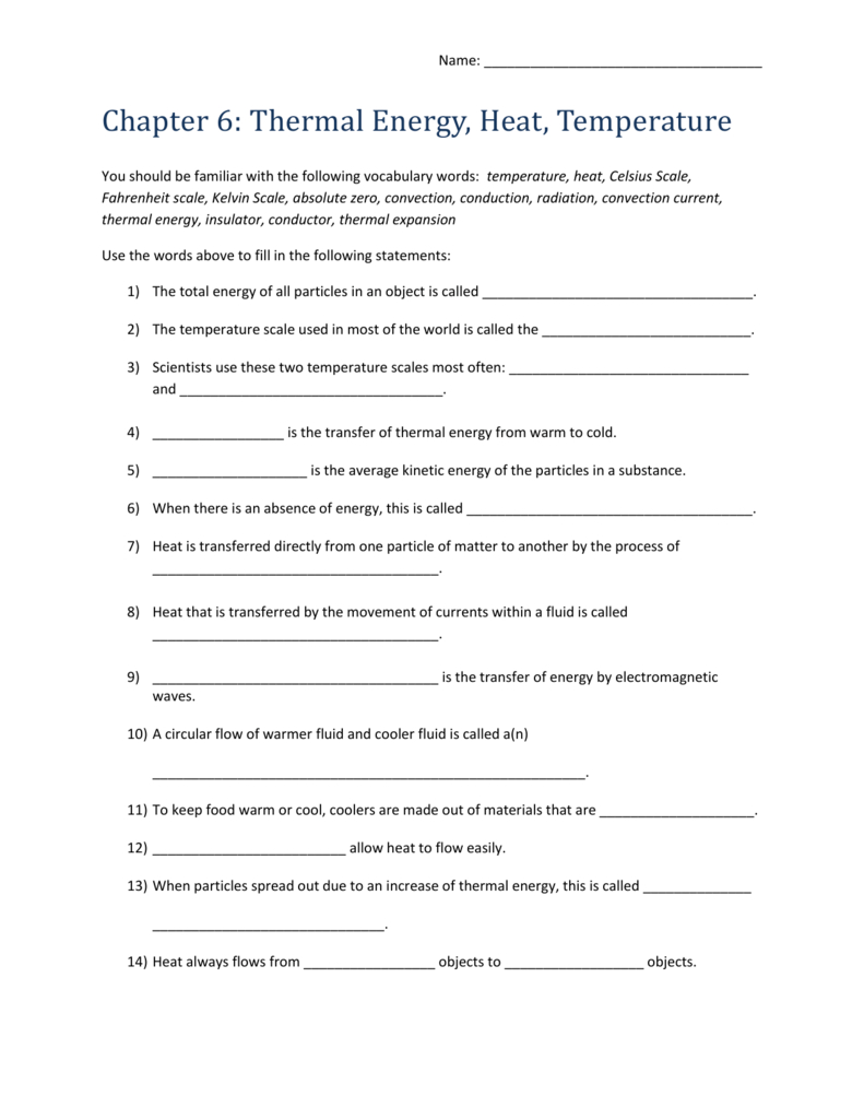 Name Chapter 6 Thermal Energy Heat Temperature You Should Along With Heat Transfer Vocabulary Worksheet