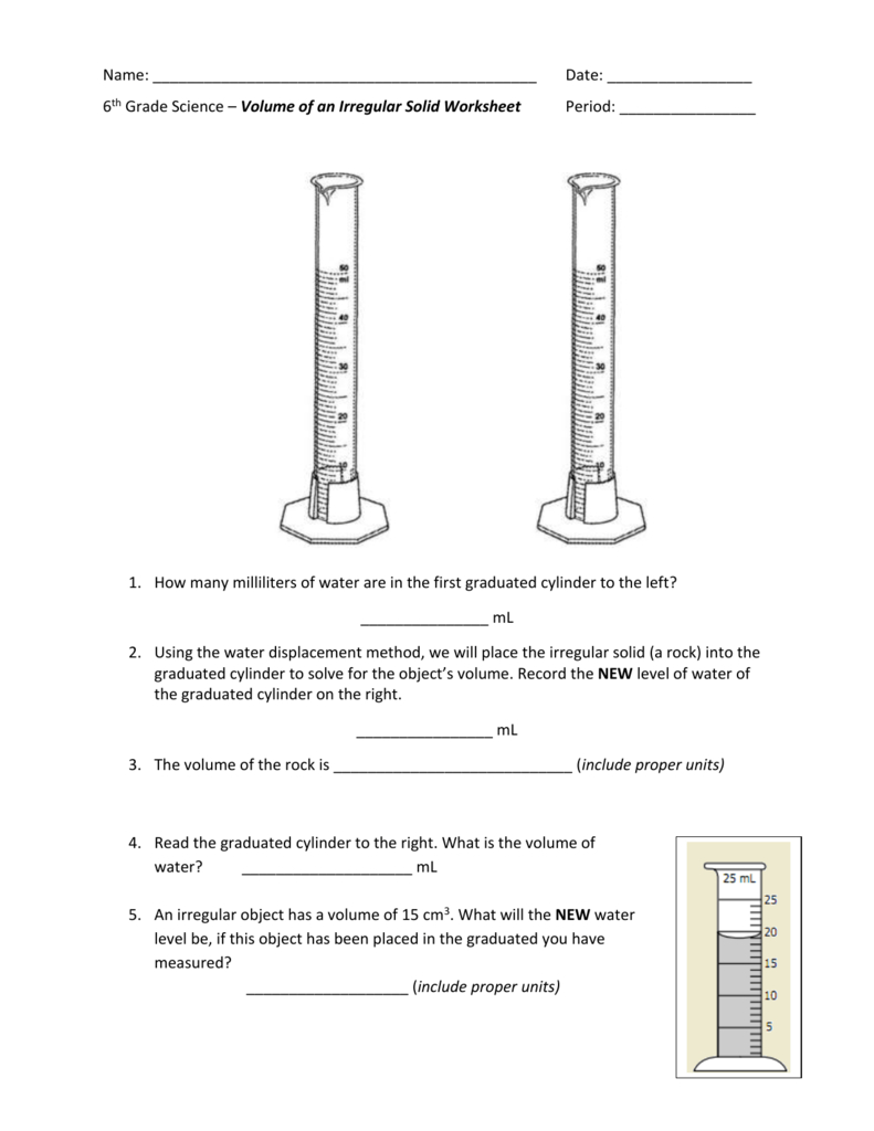 Name Date 6Th Grade Science – Volume Of An Irregular Solid For Reading A Graduated Cylinder Worksheet
