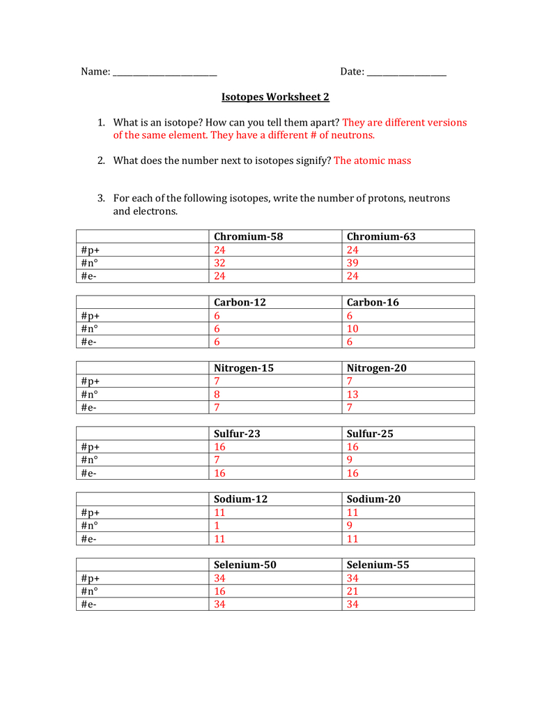 Name Date Isotopes Worksheet 2 What Is An Isotope How Can In Isotopes Worksheet Answers