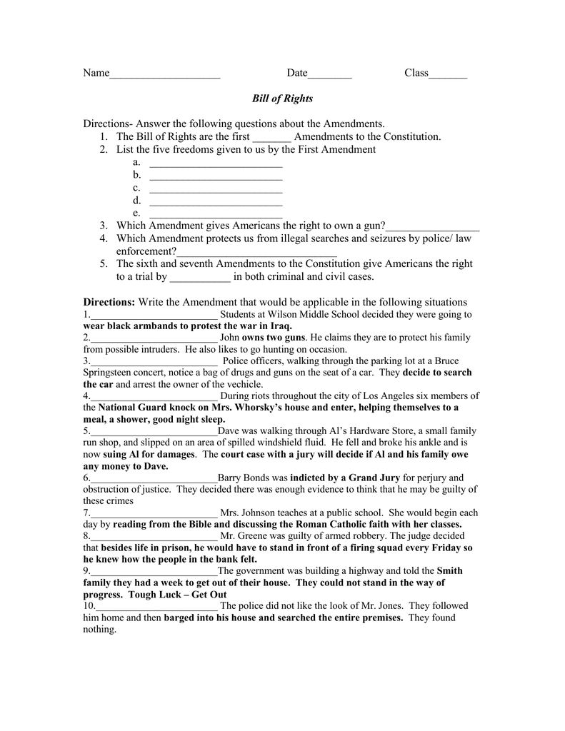 Name  Directions Answer The Following And Bill Of Rights Amendments Worksheet