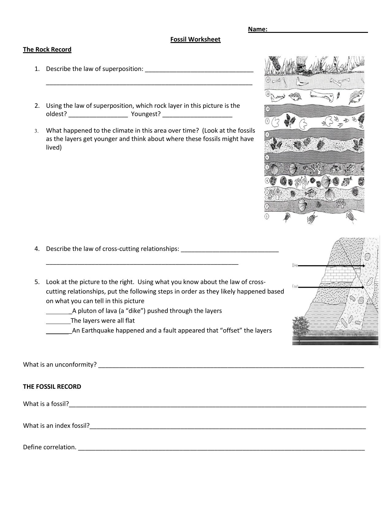 Name Fossil Worksheet The Rock Record 1 Along With Fossil Formation Worksheet
