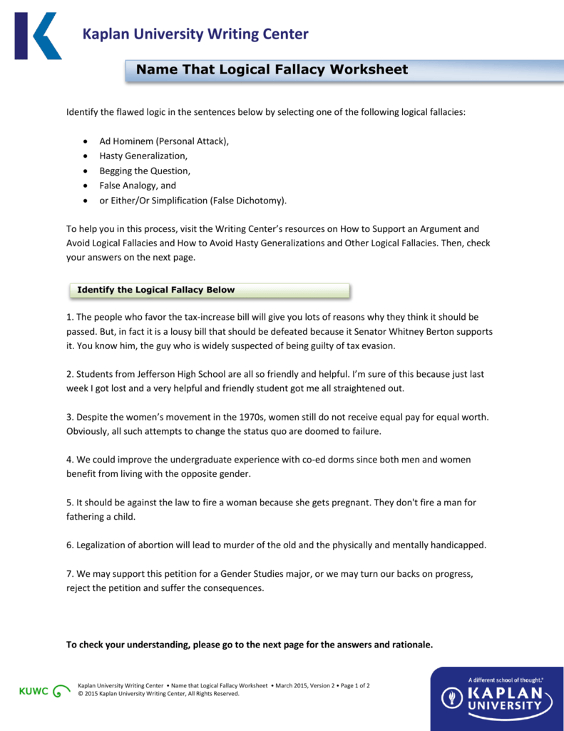 Name That Logical Fallacy Worksheet Throughout Logical Fallacies Worksheet With Answers