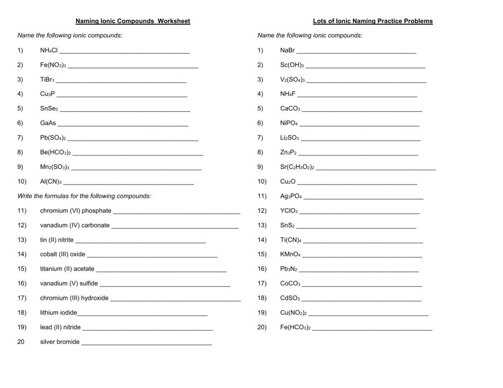 Naming Ionic Compounds Practice Worksheet And Ionic Compounds Worksheet
