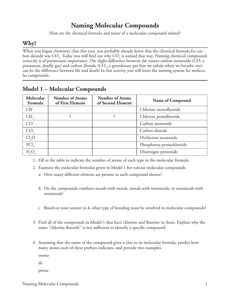 Naming Molecular Compounds Regarding Molecular Compounds Worksheet