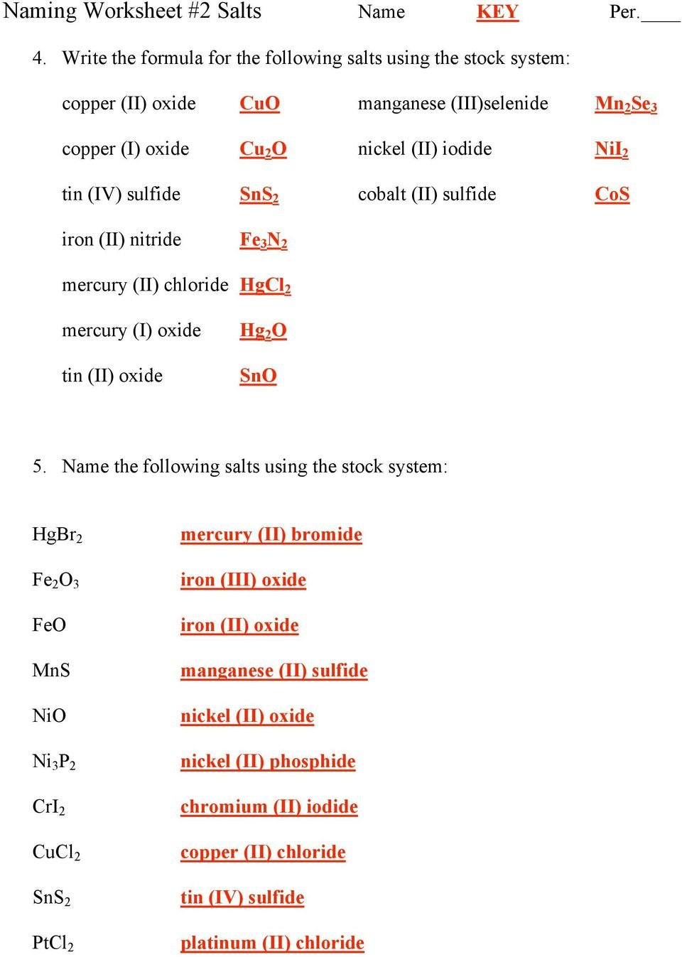 Naming Worksheet 1 Salts Name Key Per  Pdf As Well As Nomenclature Worksheet 3