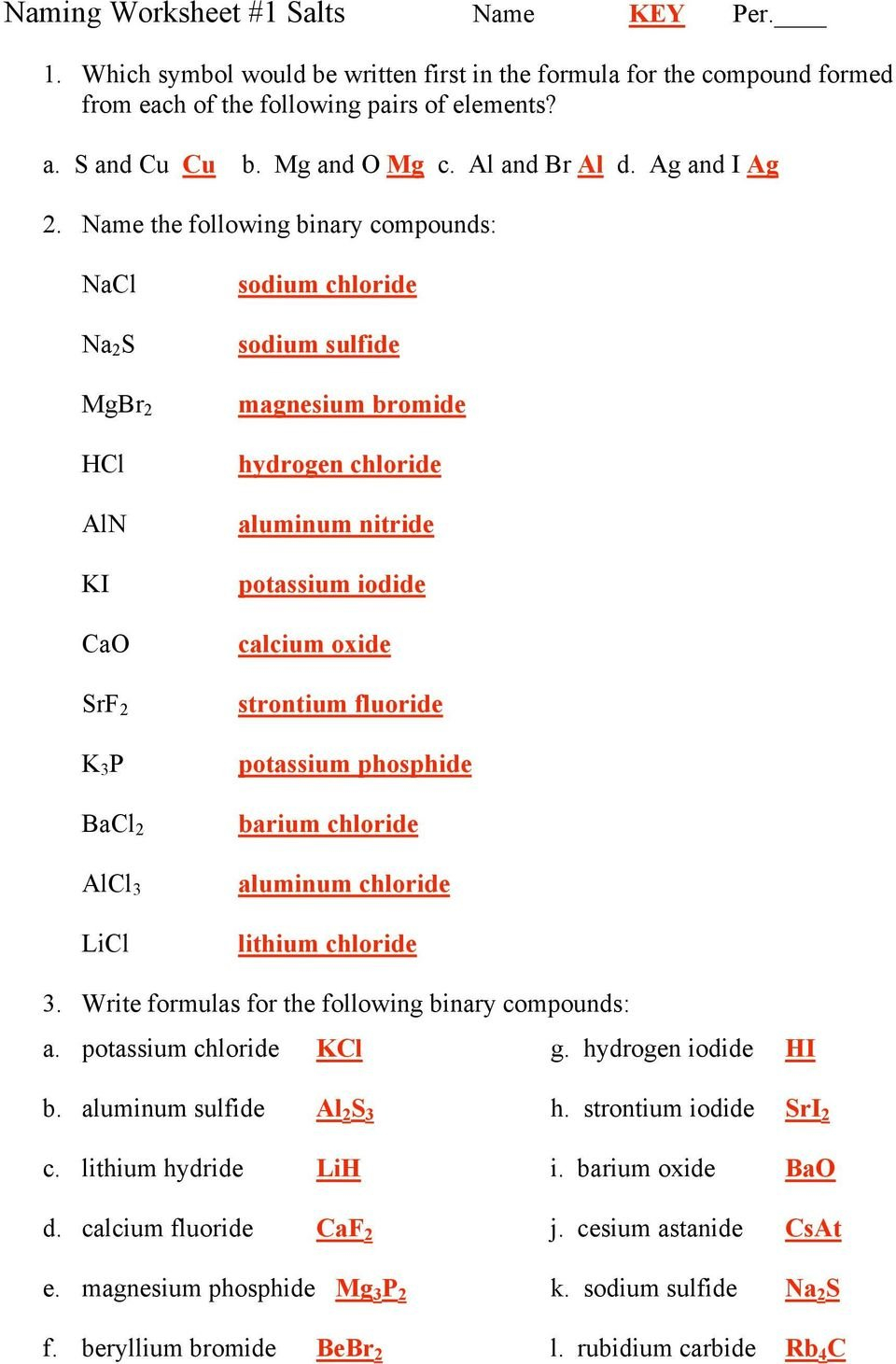 Naming Worksheet 1 Salts Name Key Per  Pdf Together With Naming Compounds Worksheet Answer Key