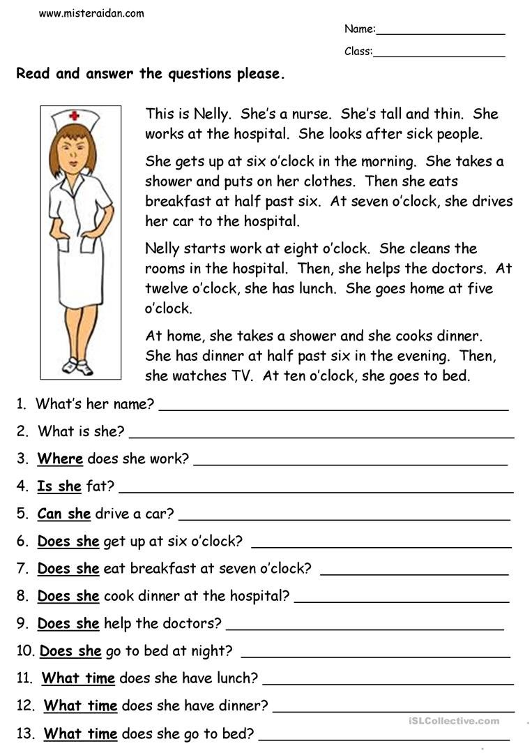 Nelly The Nurse  Reading Comprehension Worksheet  Free Esl With Regard To Esl Reading Comprehension Worksheets For Adults