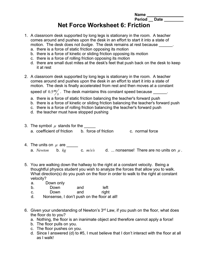 Net Force Worksheet 6 Friction Also Friction Worksheet Answers