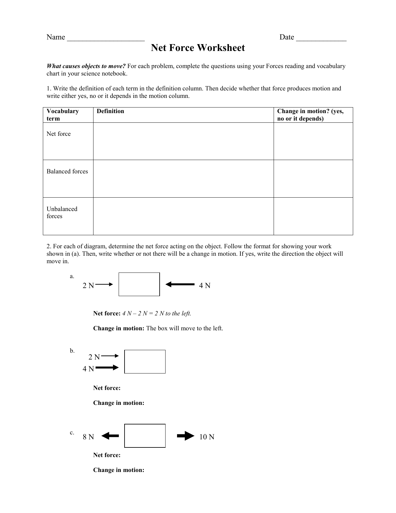 Net Force Worksheet  Crjh 8Th Grade Science For Net Force Worksheet Answers