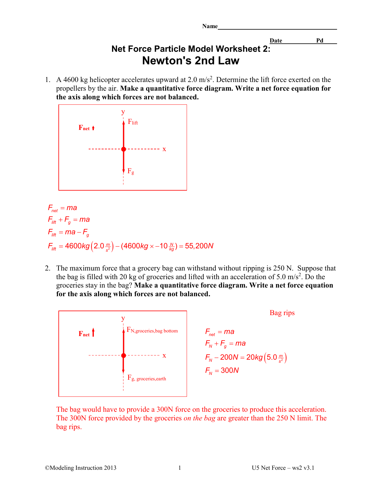 Newtons 2Nd Law Key  Northwest Isd Moodle With Net Force Worksheet Answers