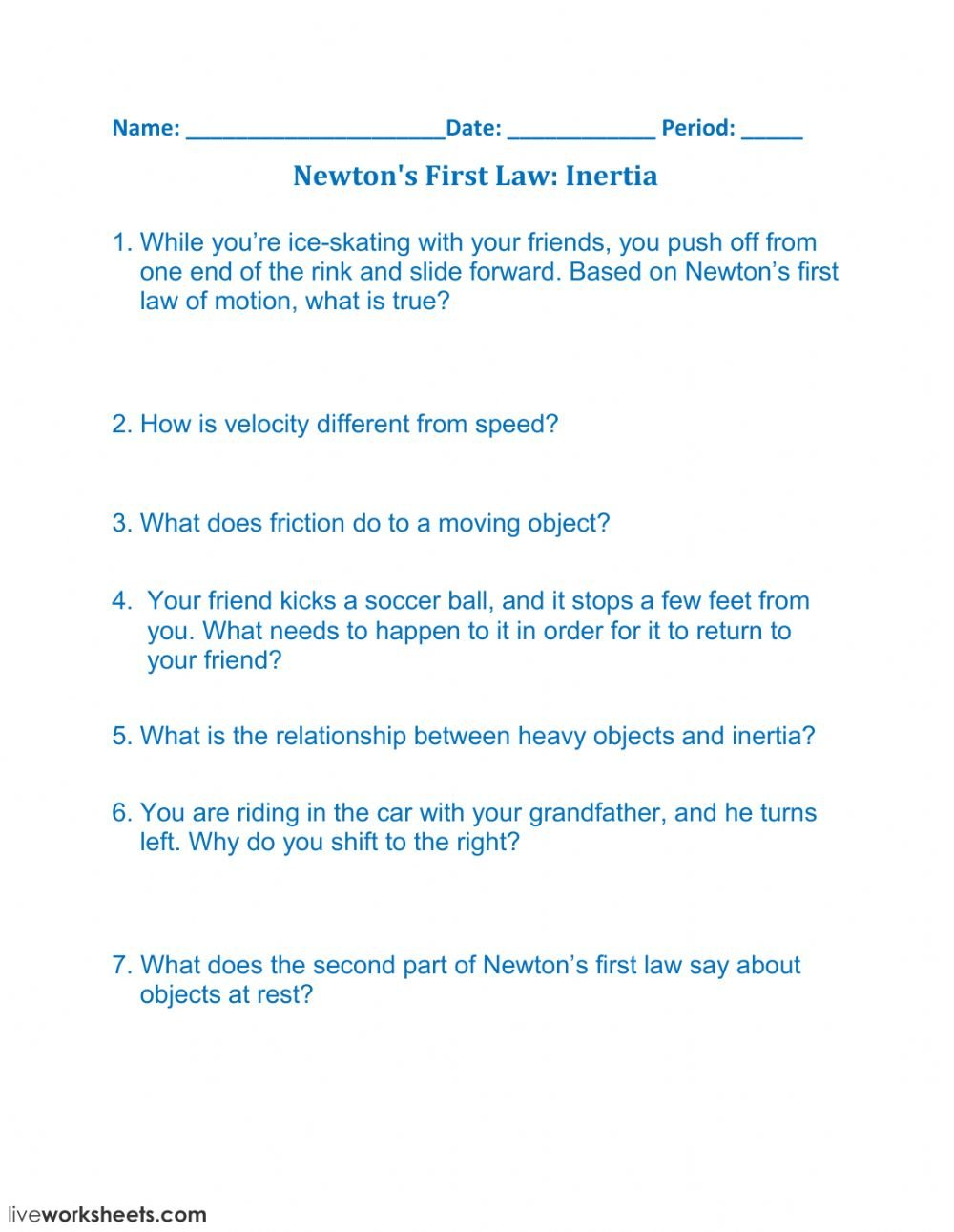 Newton's First Law Inertia  Interactive Worksheet Inside Inertia Worksheet Middle School