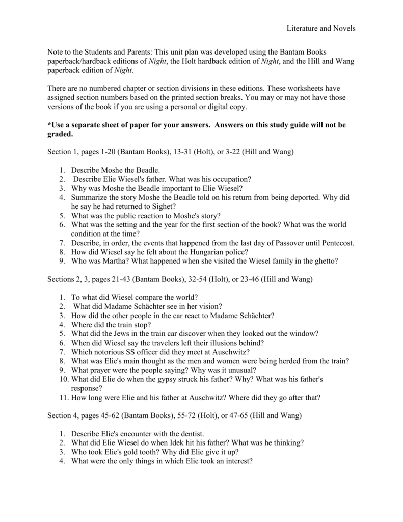 Night Study Guide  Short Answer  Ecademyworkshop Intended For Night Elie Wiesel Worksheet Answers