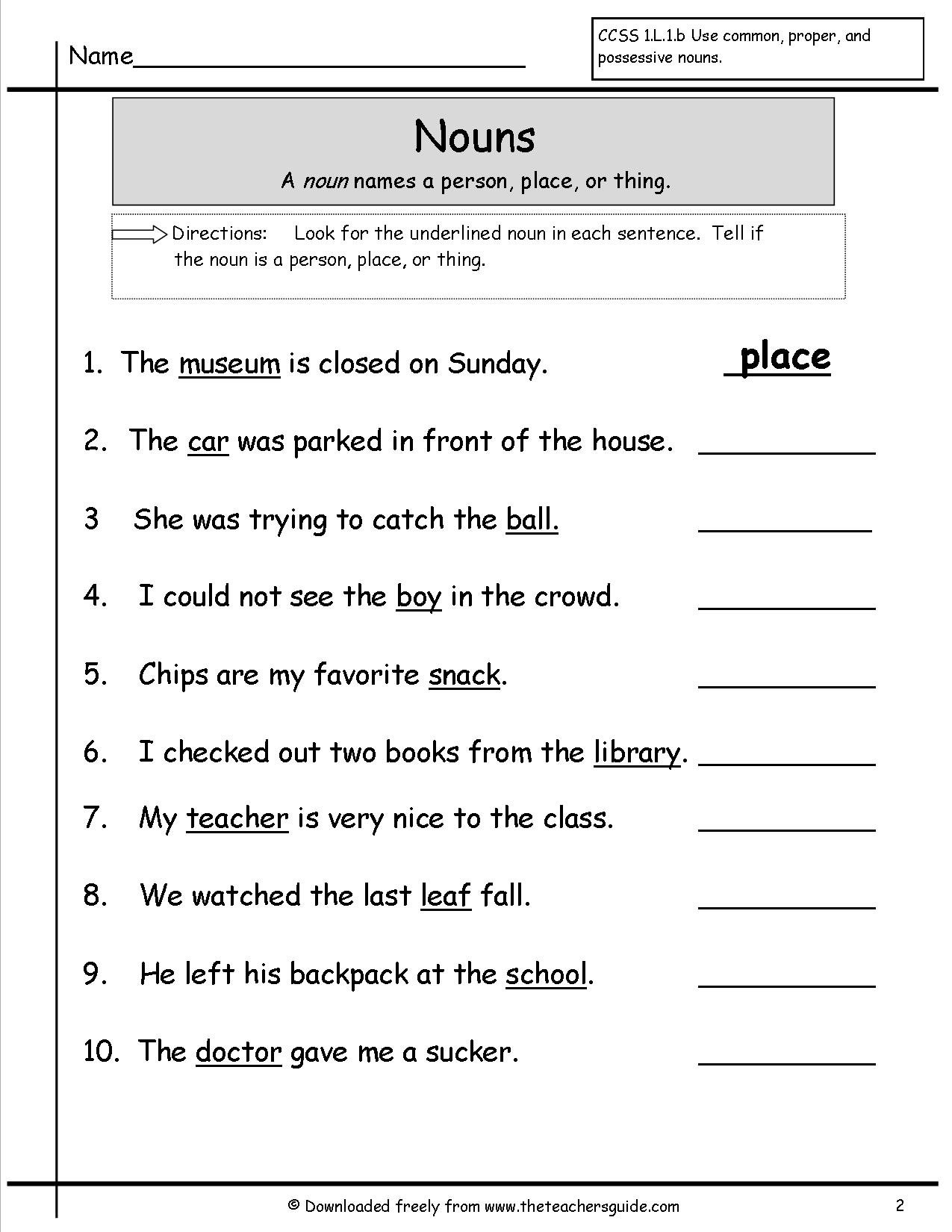 Nouns Worksheets From The Teacher's Guide With Free Noun Worksheets