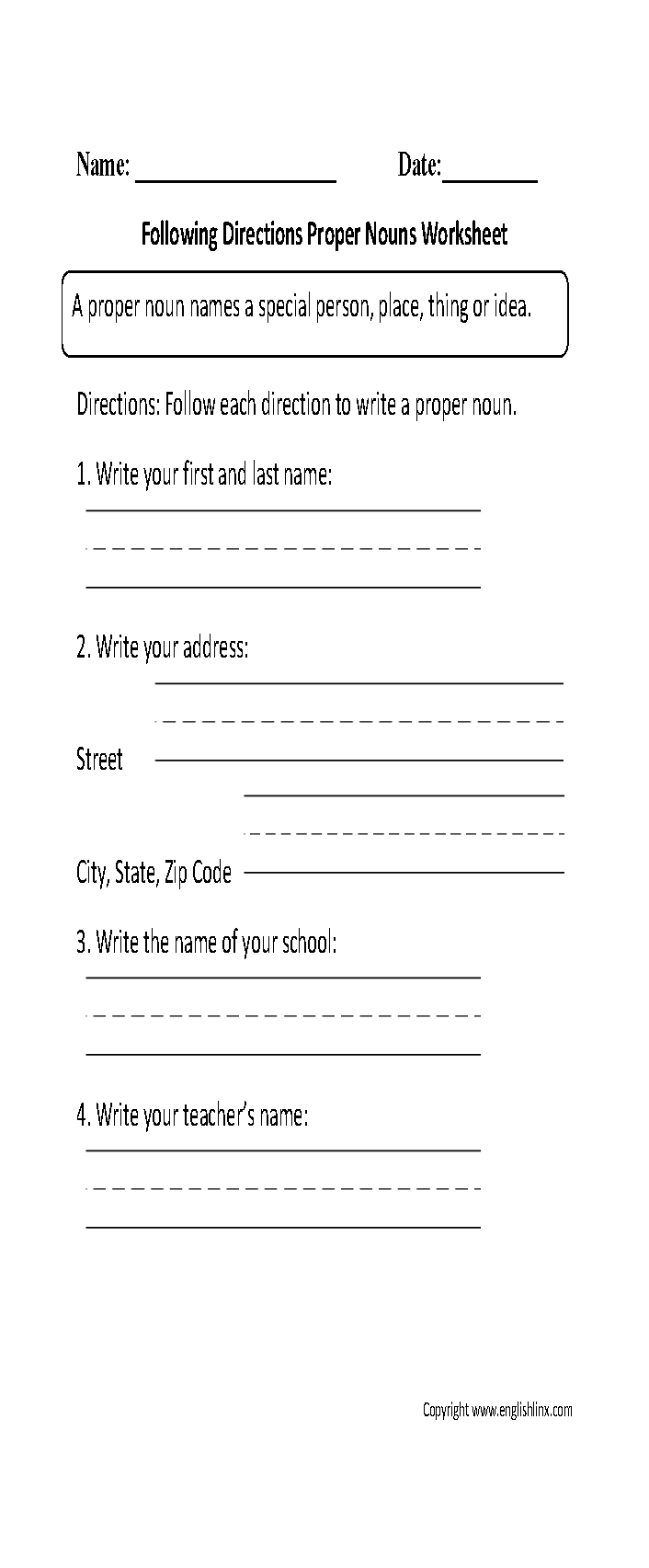 Nouns Worksheets  Proper And Common Nouns Worksheets With Following Directions Worksheet Middle School