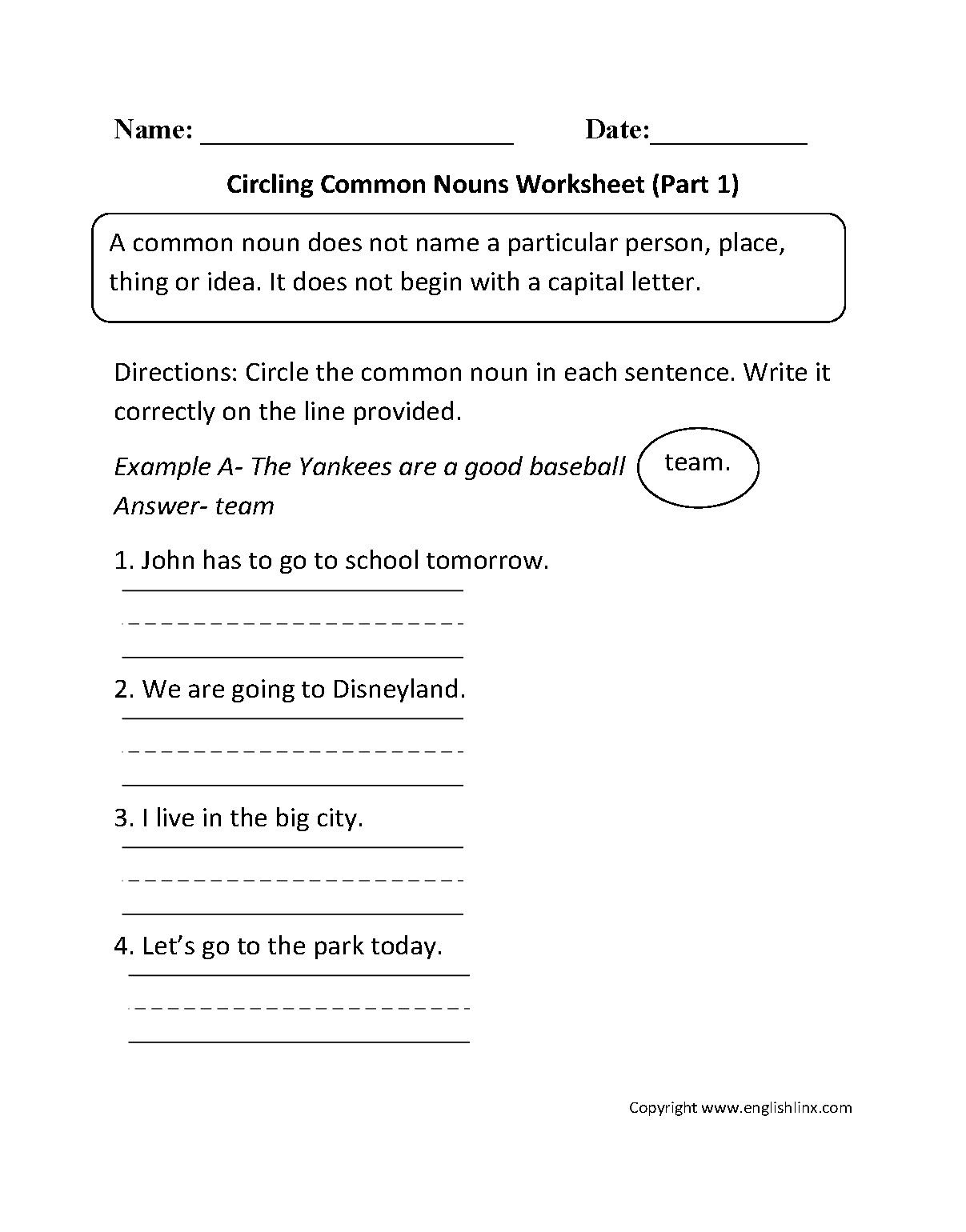 Nouns Worksheets  Proper And Common Nouns Worksheets Within Following Directions Worksheet Middle School