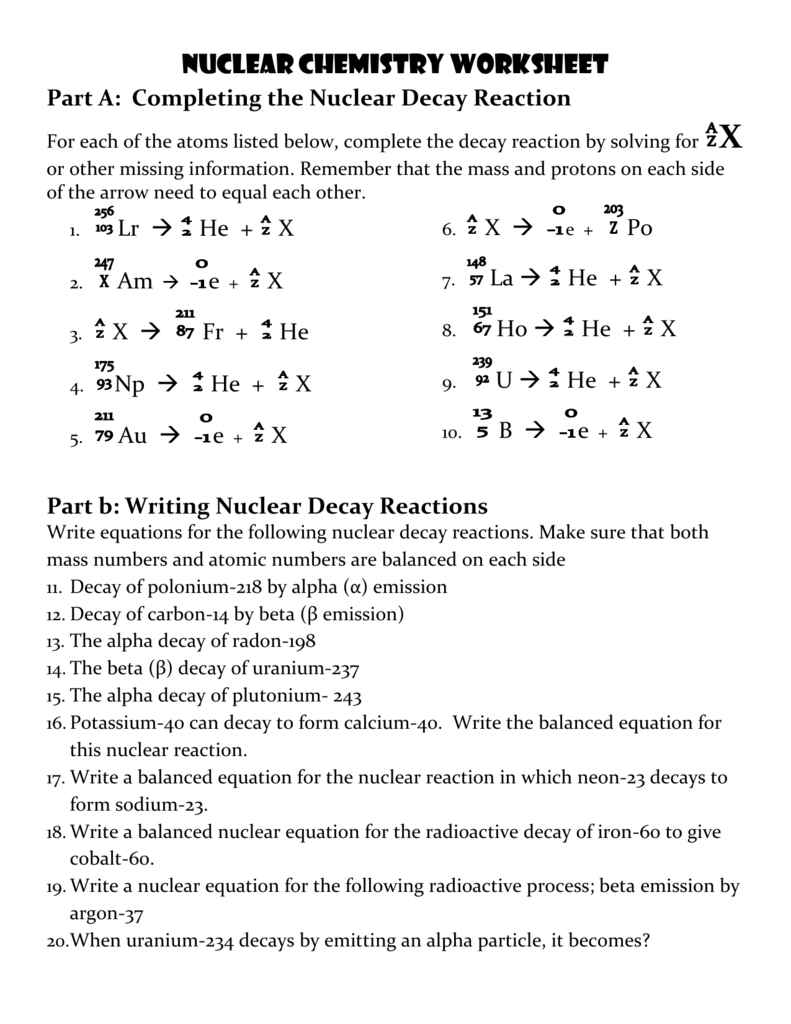 Nuclear Chemistry Worksheet Pertaining To Nuclear Decay Worksheet