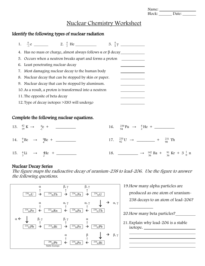 Nuclear Chemistry Worksheet With Regard To Nuclear Chemistry Worksheet Answer Key