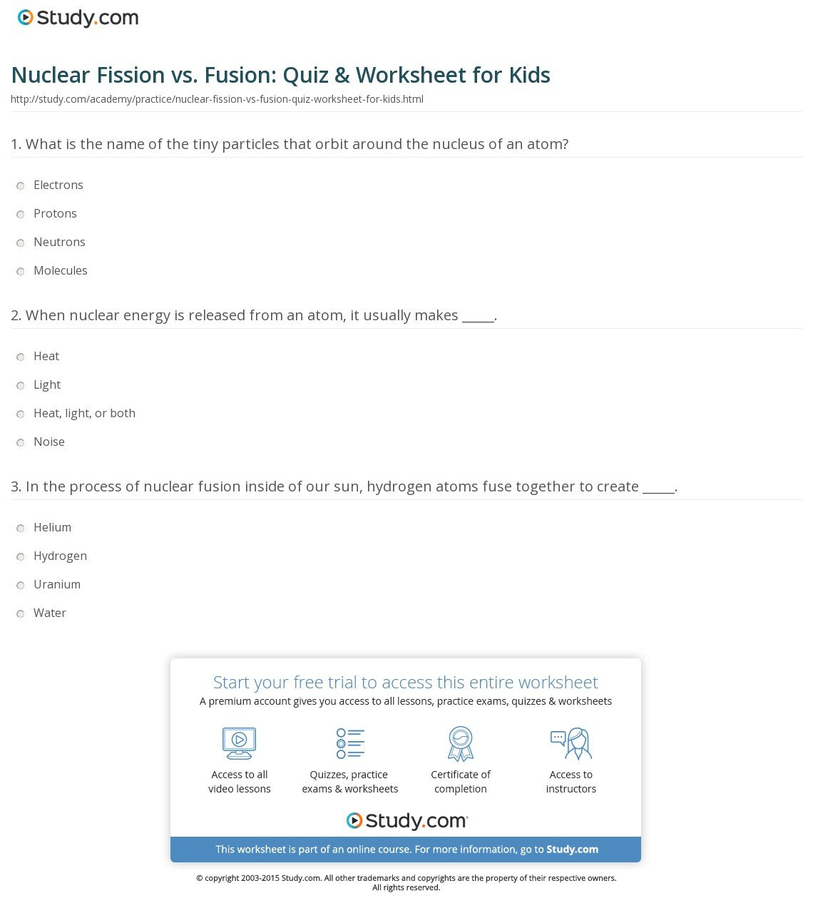 Nuclear Fission Vs Fusion Quiz  Worksheet For Kids  Study Together With Fission And Fusion Worksheet