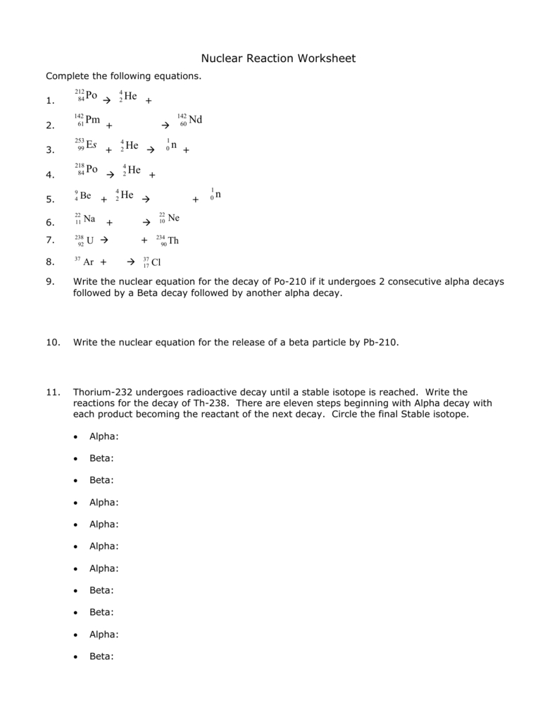 Nuclear Reaction Worksheet Pertaining To Nuclear Reactions Worksheet Answer Key