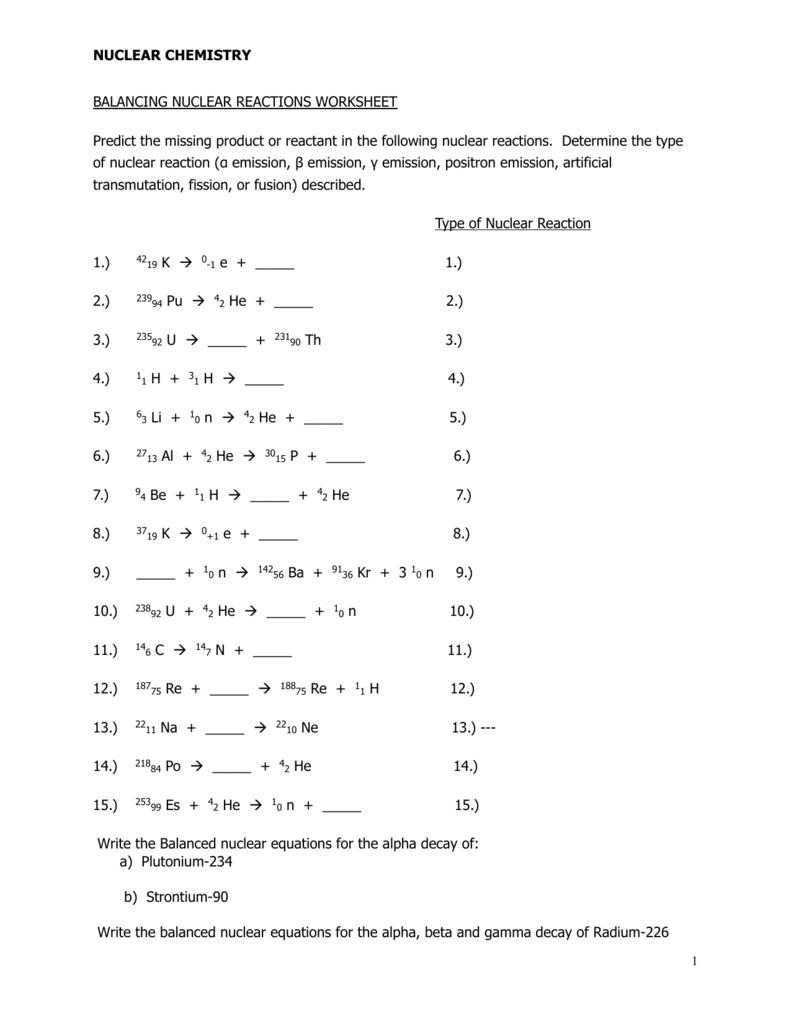Nuclear Reactions Worksheet 2 With Nuclear Chemistry Worksheet