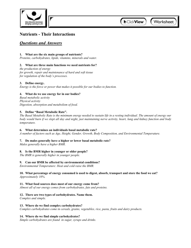 Nutrients Their Interactions  Answers  Worksheet  Biology With Regard To Vitamins Minerals And Water Worksheet Answers