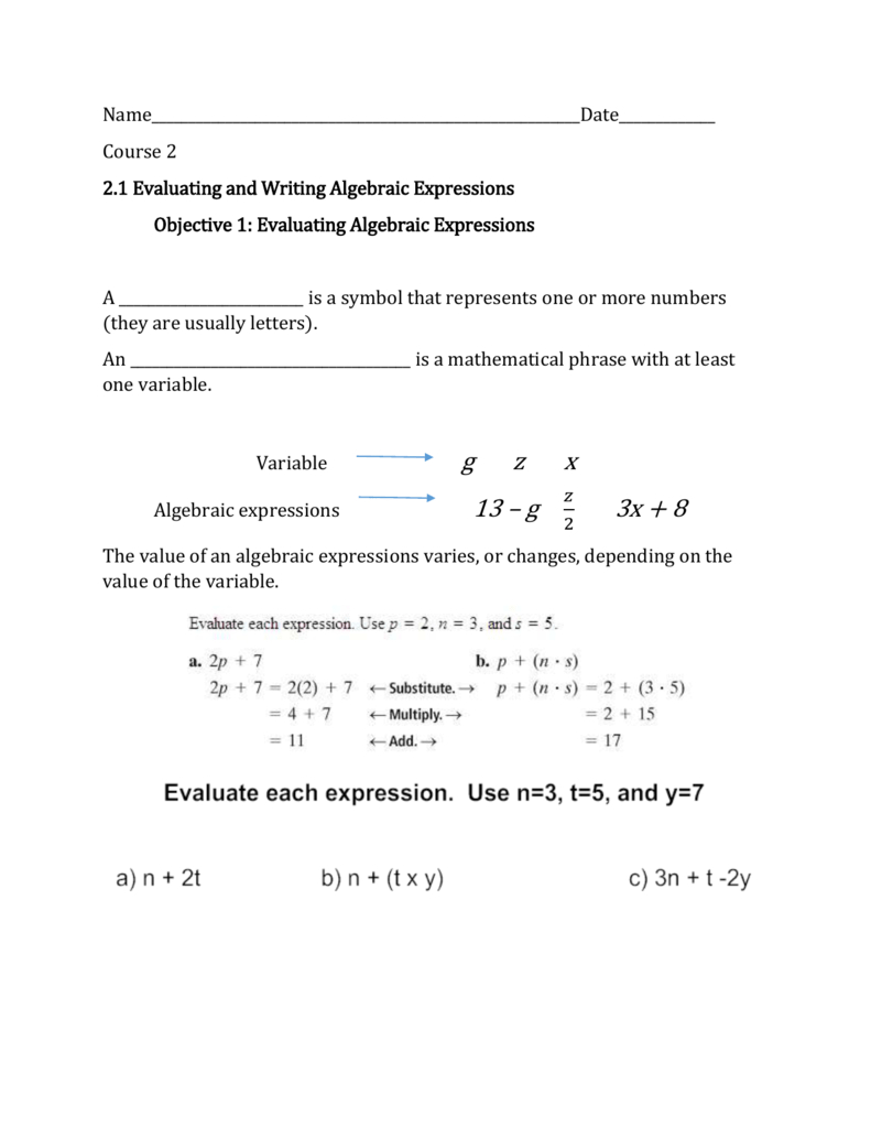 Objective 2 Writing Algebraic Expressions In Evaluating Variable Expressions Worksheet