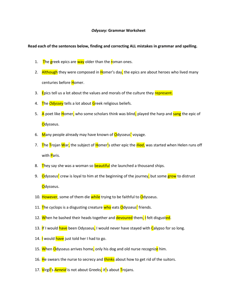 Odyssey Grammar Worksheet Key Pertaining To The Odyssey Worksheets