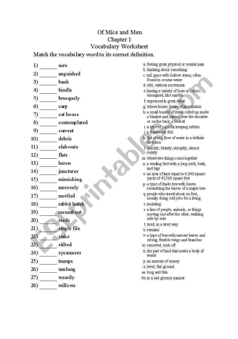 Of Mice And Men Chapter 1 Vocabulary Worksheet  Esl Worksheet With Of Mice And Men Worksheets
