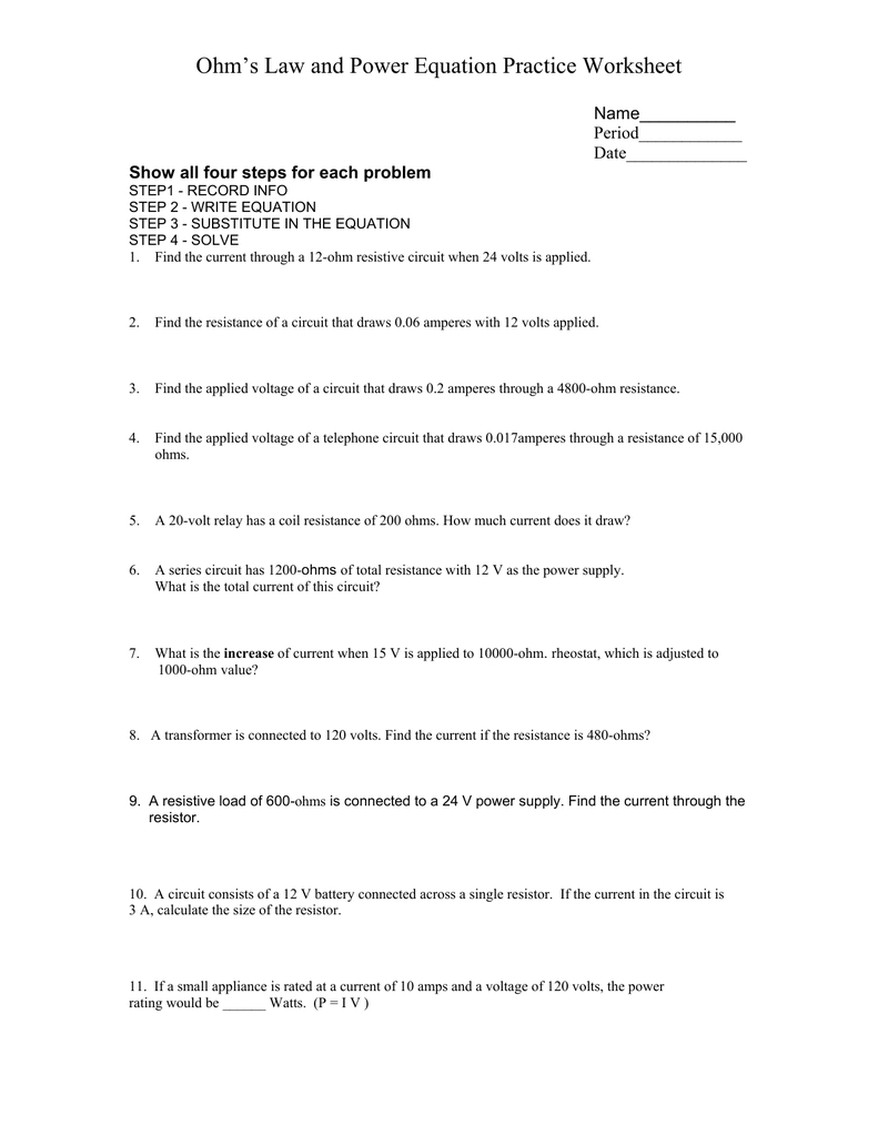 Ohms Law And Power Equation Practice Worksheet For Ohms Law Practice Worksheet