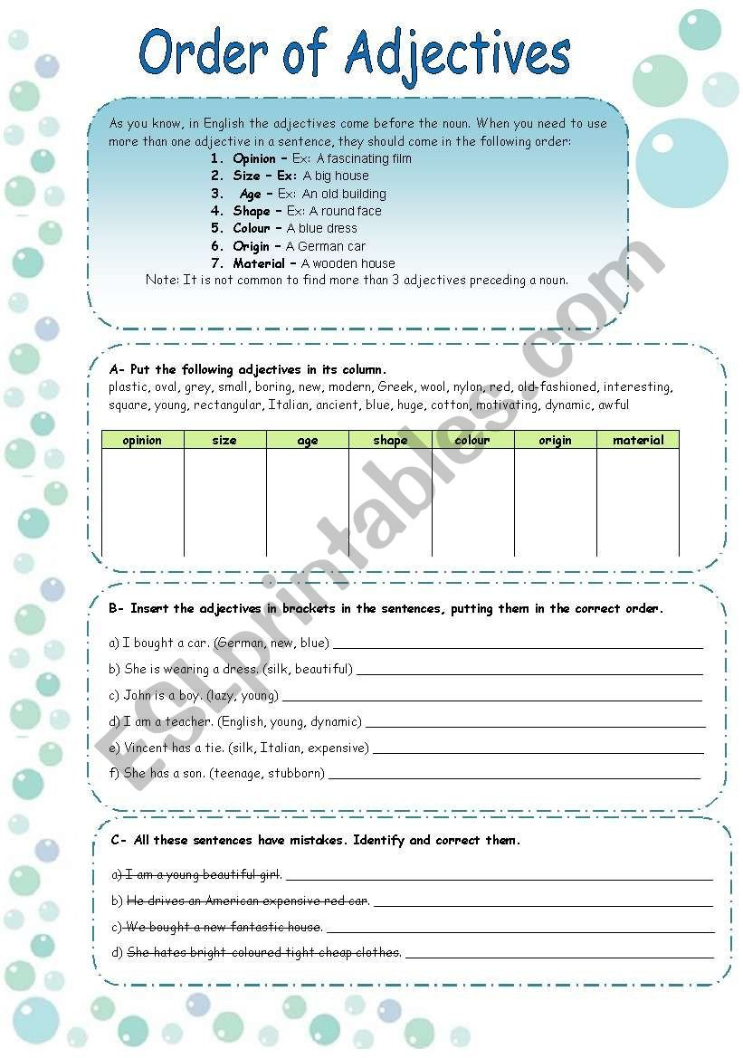 Order Of Adjectives Rules  Exercises  Esl Worksheet Throughout Order Of Adjectives Worksheet