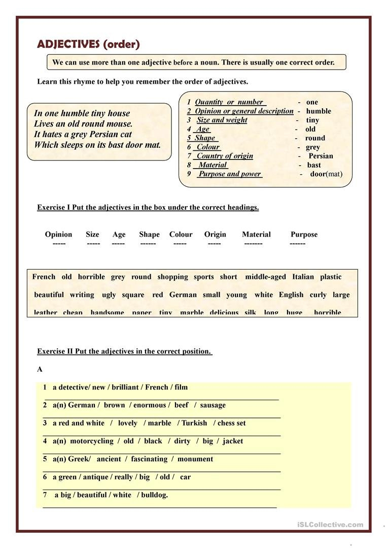 Order Of Adjectives Worksheet  Free Esl Printable Worksheets Made With Order Of Adjectives Worksheet