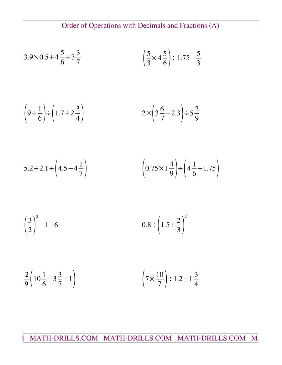 Order Of Operations With Decimals And Fractions Mixed A Within Operations With Fractions Worksheet Pdf