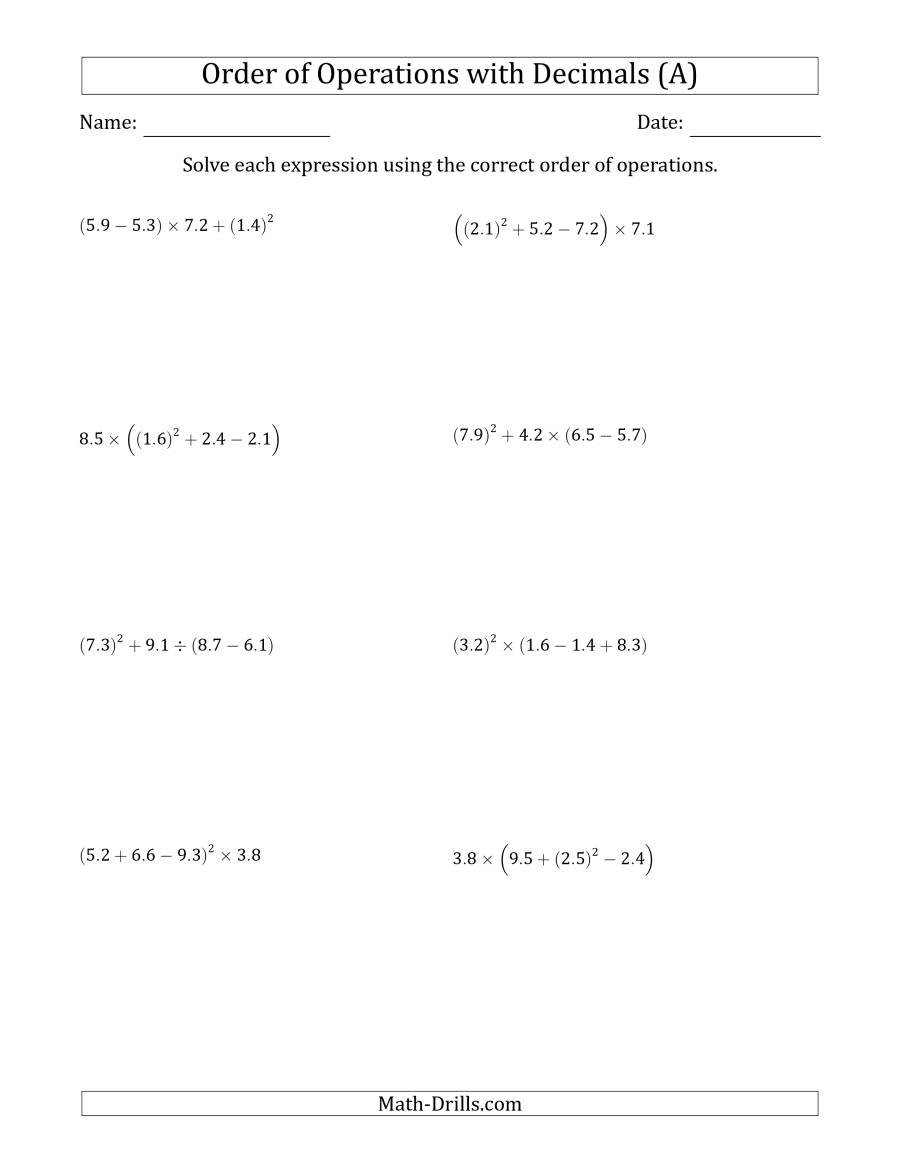 Order Of Operations With Positive Decimals Four Steps A Throughout Operations With Decimals Review Worksheet Answer Key