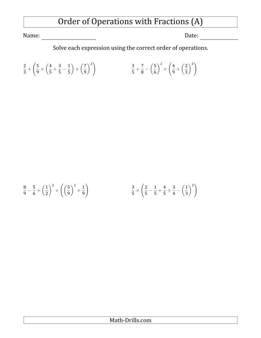 Order Of Operations With Positive Fractions Six Steps A Inside Order Of Operations With Fractions Worksheet