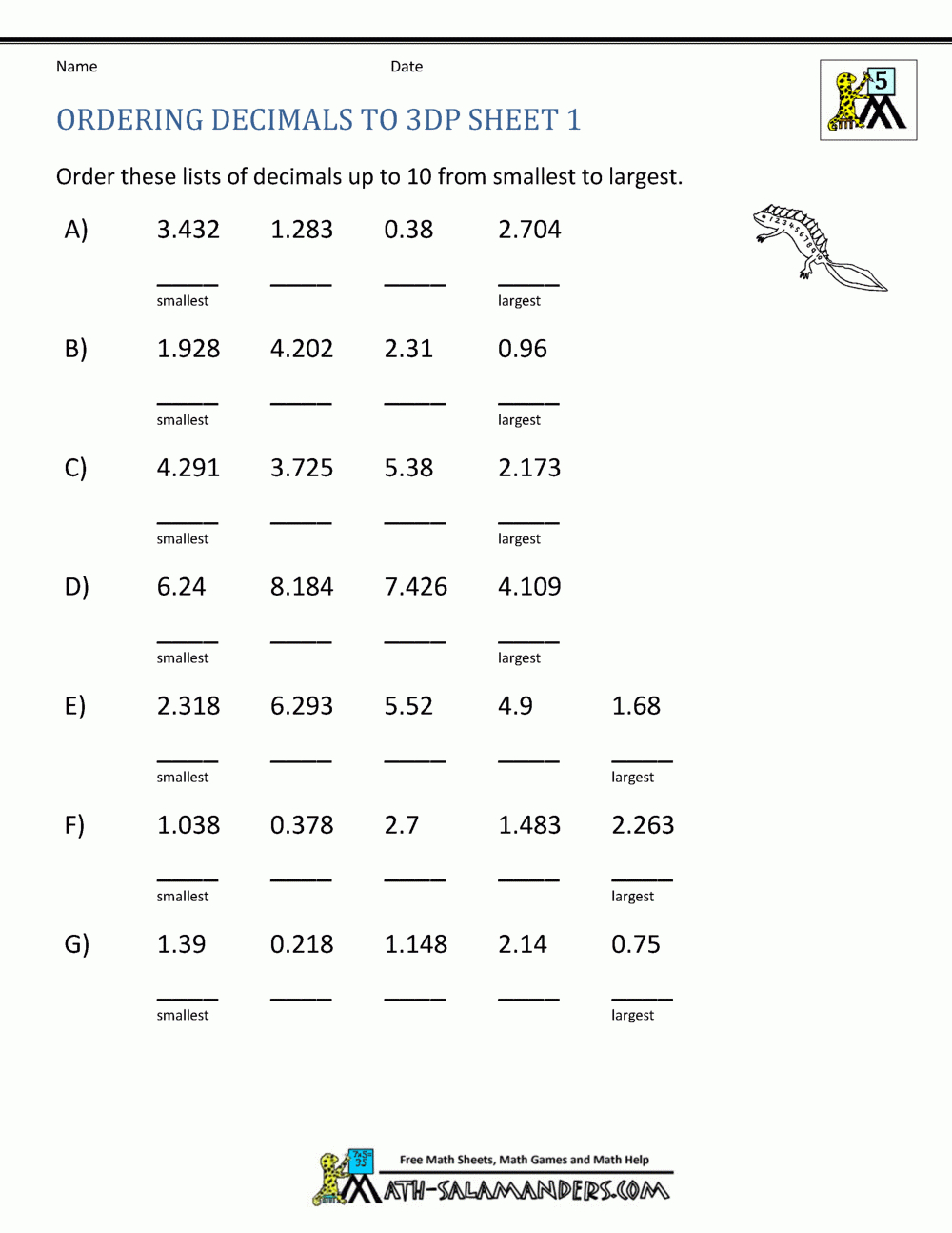 Ordering Decimals To 3Dp With Regard To Comparing Decimals Worksheet 5Th Grade