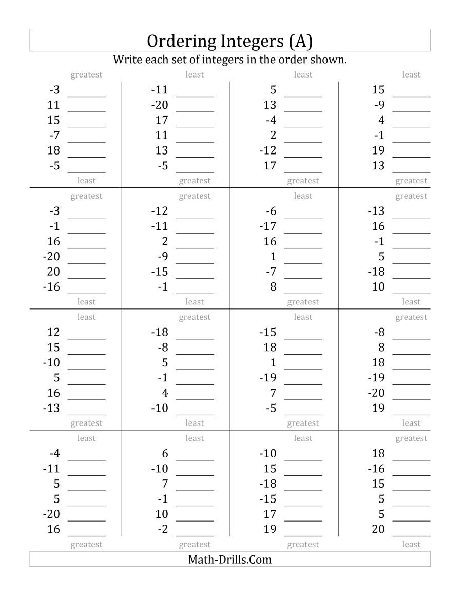 Ordering Integers Range 20 To 20 A For Writing Integers Worksheet