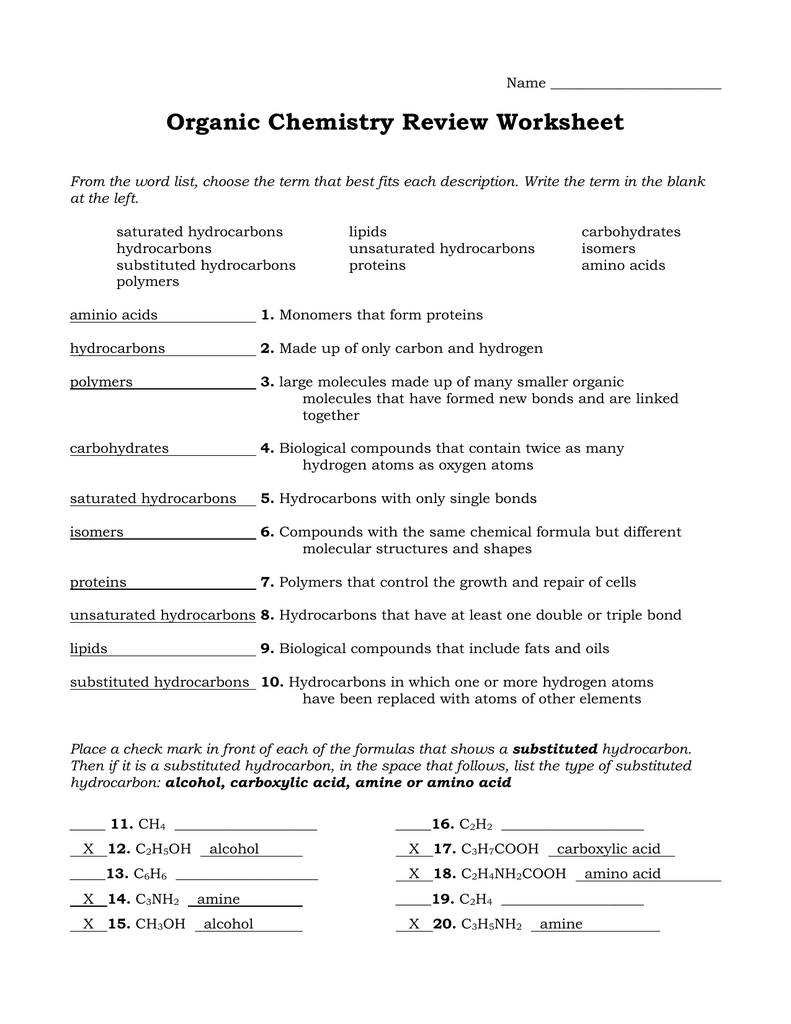 Organic Chemistry Review Worksheet For Chemistry Review Worksheet Answers