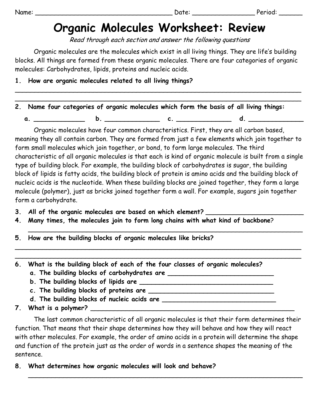 Organic Molecules Worksheet Review Together With Organic Molecules Worksheet Review