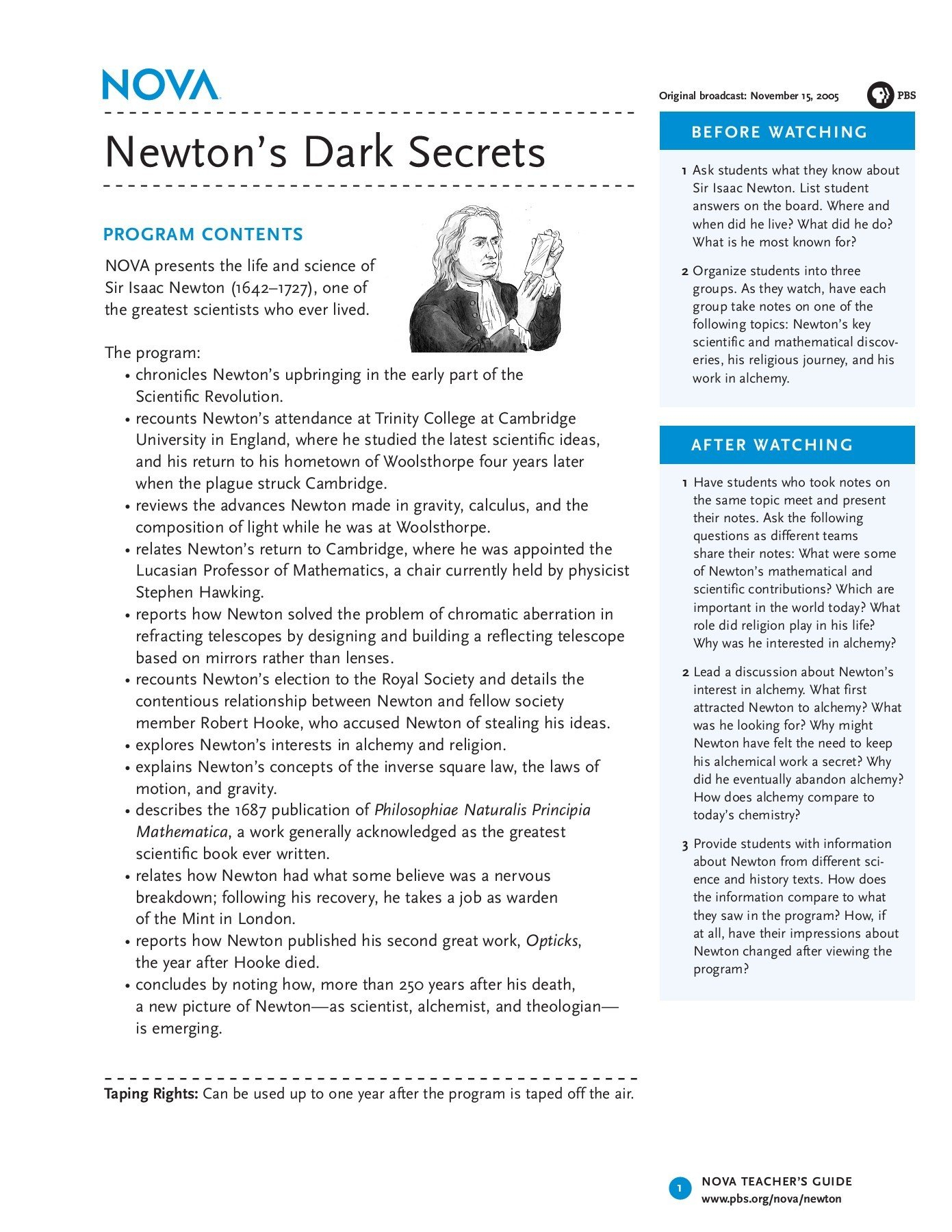 Original Broadcast November 15 2005 Newton's Dark  Pages 1  6 Intended For Nova Newton Dark Secrets Worksheet Answers