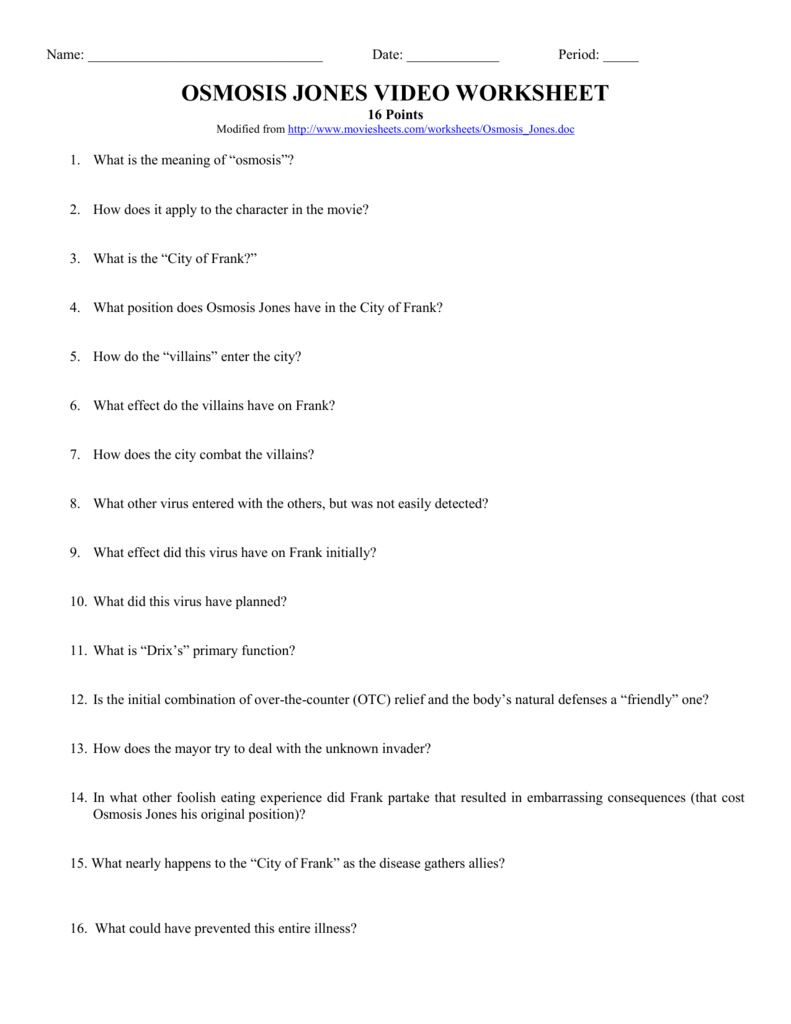 Osmosis Jones Video Worksheet Together With Osmosis Jones Movie Worksheet