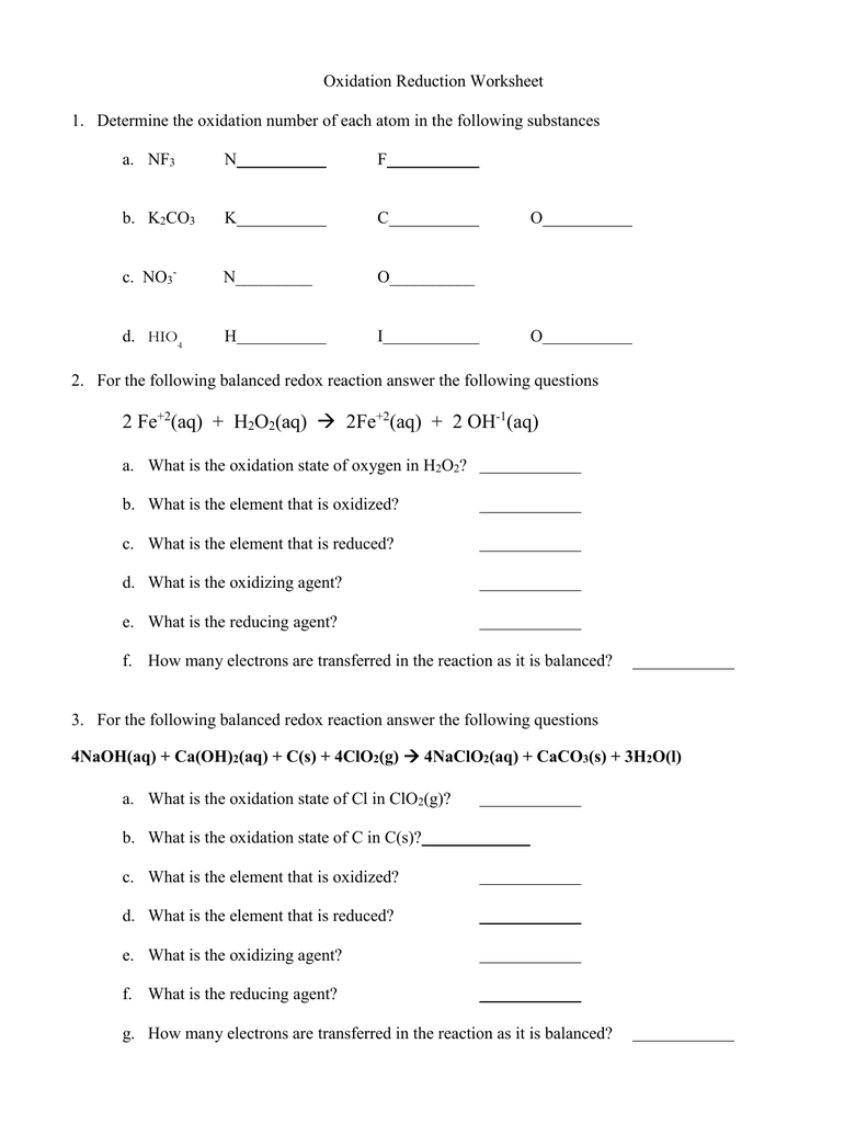 Oxidation Reduction Worksheetdoc Pertaining To Redox Reaction Worksheet With Answers