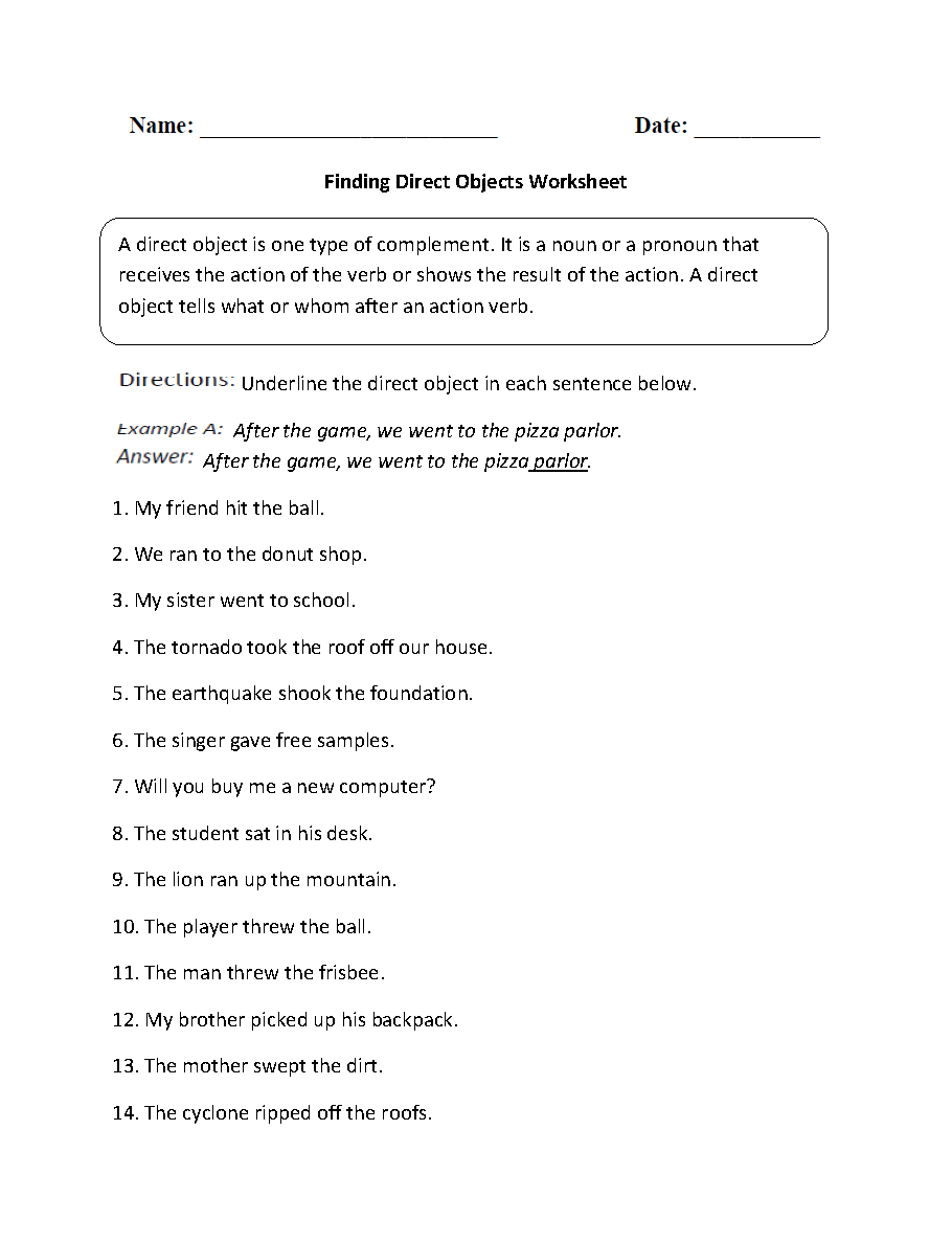 Parts Of A Sentence Worksheets  Direct And Indirect Objects Worksheets Along With Grammar Complements Worksheet