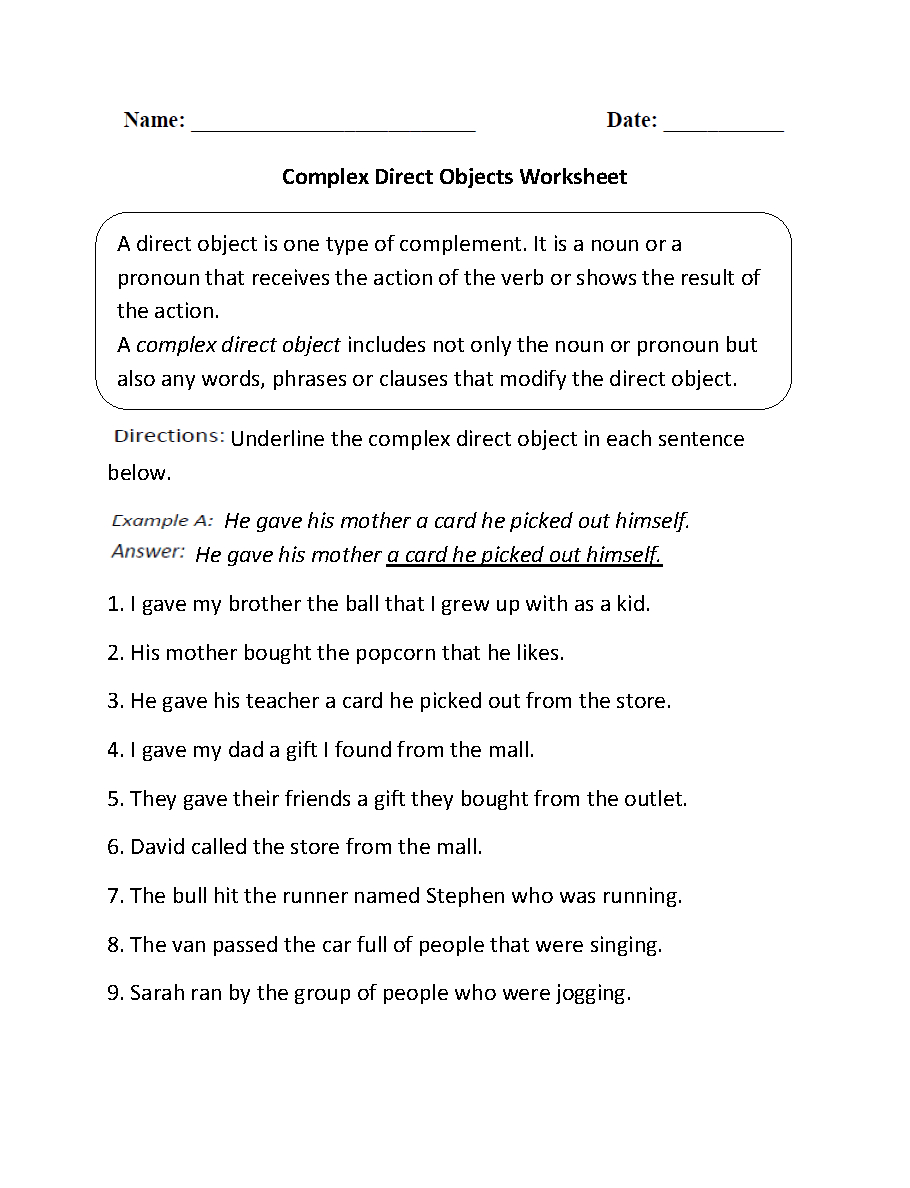 Parts Of A Sentence Worksheets  Direct And Indirect Objects Worksheets And Grade 3 Grammar Worksheets Pdf