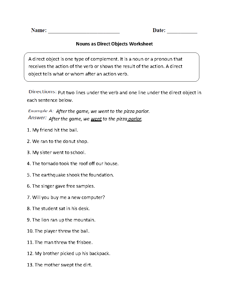 Parts Of A Sentence Worksheets  Direct And Indirect Objects Worksheets As Well As Direct Object Pronouns Spanish Worksheet