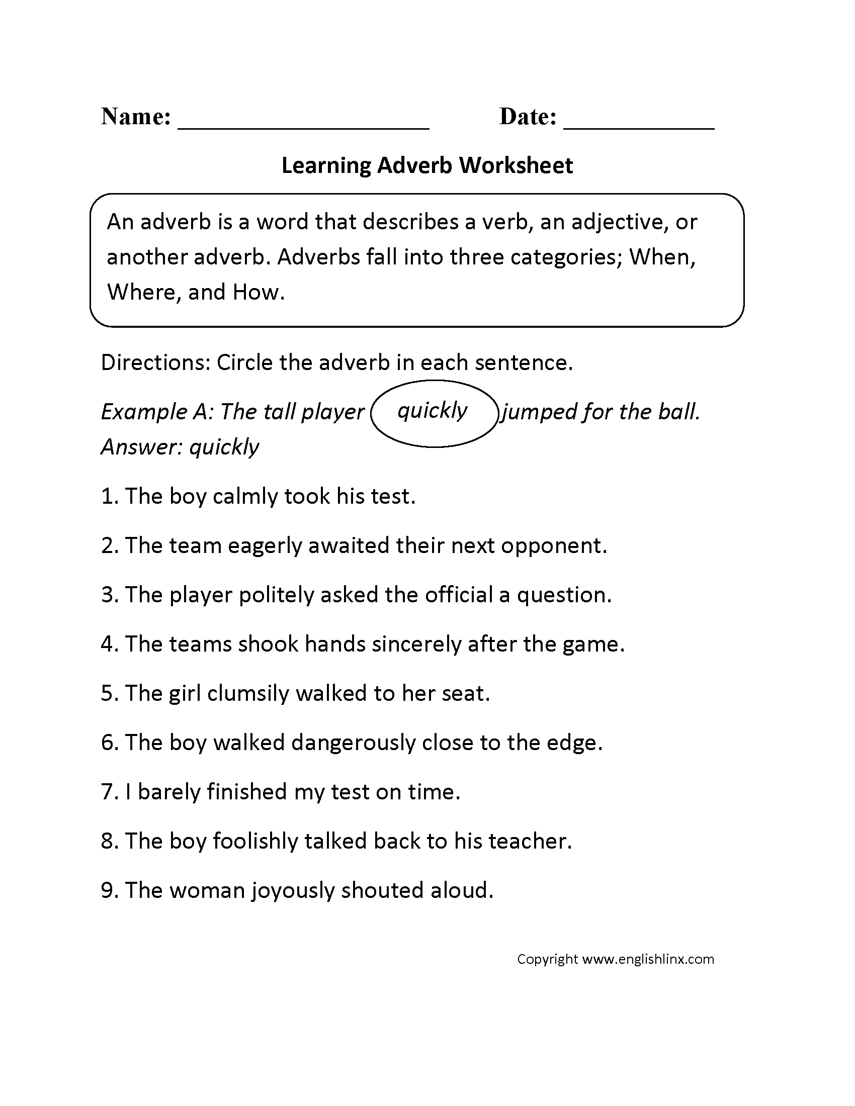 Parts Speech Worksheets  Adverb Worksheets For Adverb Worksheets 3Rd Grade
