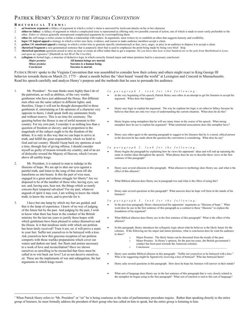 Patrick Henry's Speech And Patrick Henry Speech To The Virginia Convention Worksheet Answers